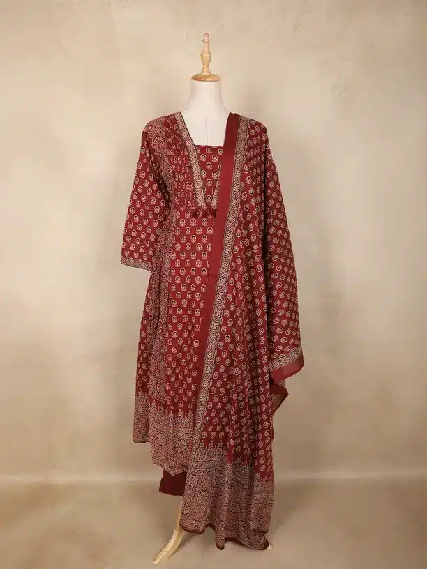 Elegant Maroon Printed Kurta Set with Dupatta – Traditional Ethnic Wear for Women